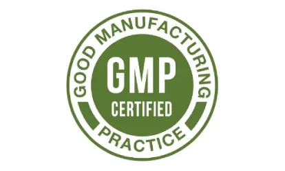 GMP certified badge showing adherence to good manufacturing practice standards